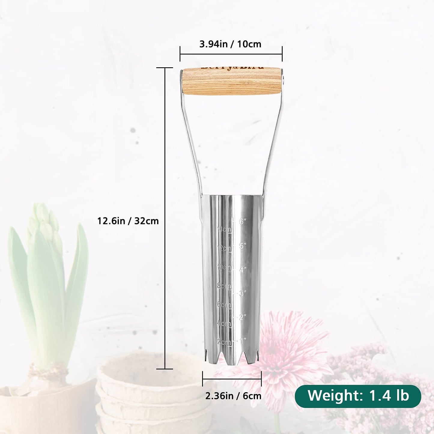 Garden Tools Large Hand Bulb Planter with 6 inches Depth Mark and Woode Handle Stainless Steel Bulb Transplanter Tool